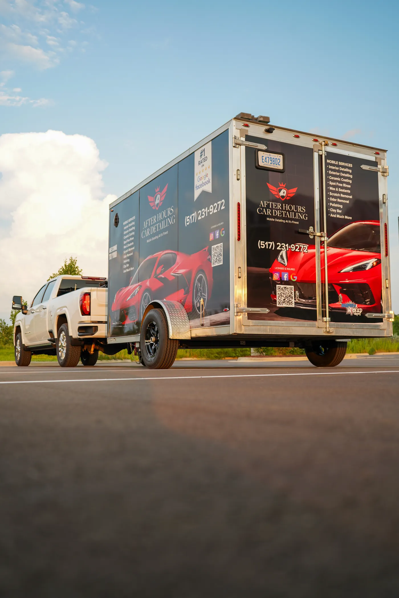 After Hours Car Detailing's GMC truck and branded trailer — the fully-equipped mobile rig that comes to your driveway