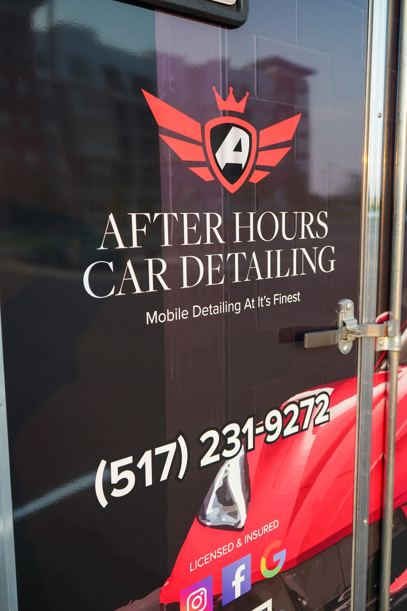 After Hours Car Detailing logo on the trailer — mobile detailing at its finest