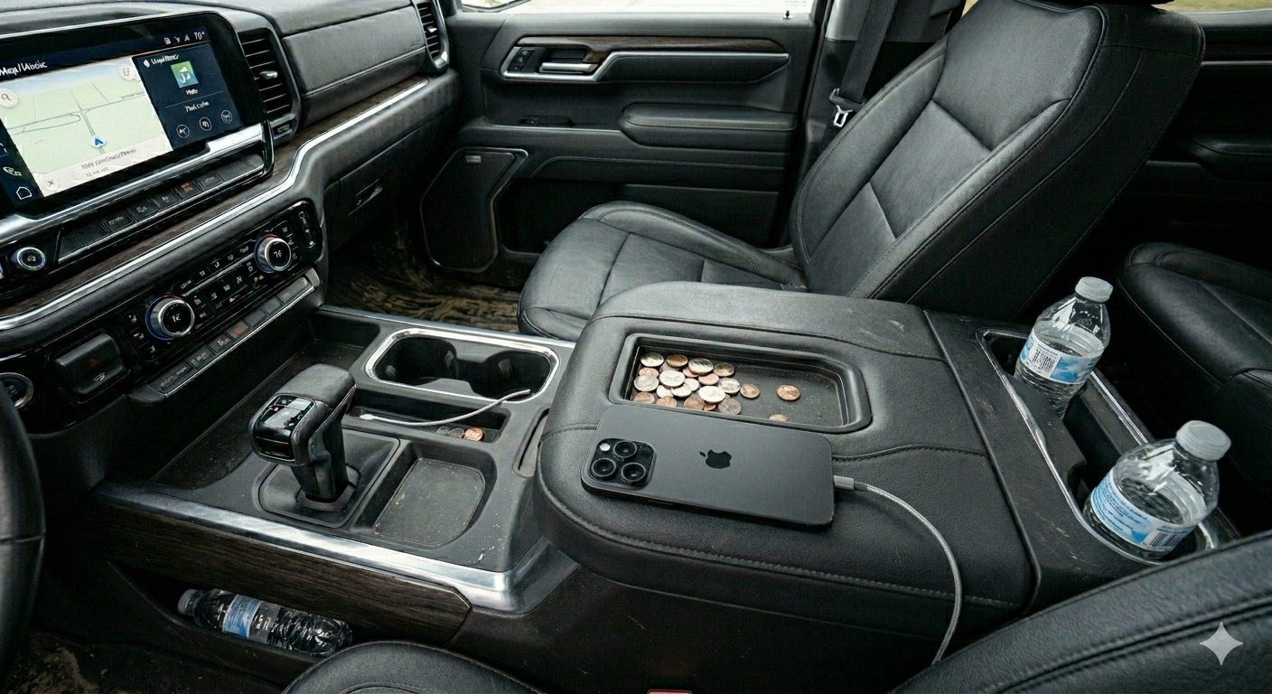 Cluttered Chevy Silverado center console — loose change, sunglasses, a phone tossed in, water bottles wedged into the door pockets. The everyday accumulation that turns a once-pristine cabin into another chore.