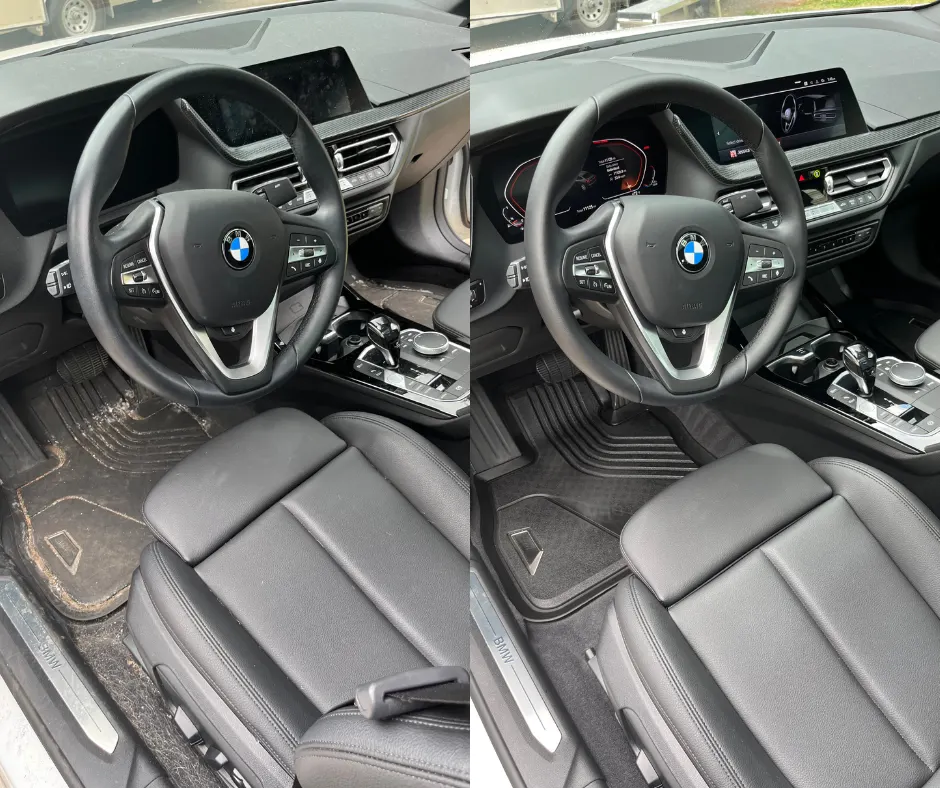 BMW interior before and after detailing — steam-cleaned, extracted, and conditioned seats and carpets by After Hours Car Detailing