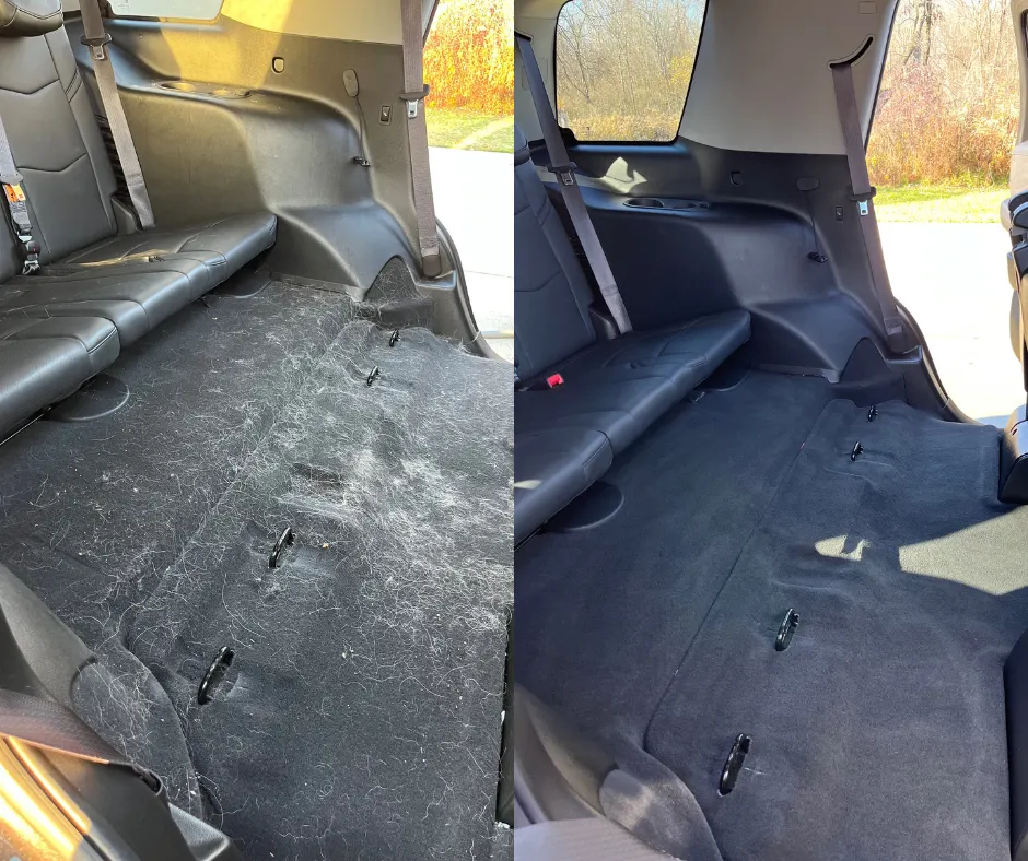 Chevrolet Tahoe pet hair removal before and after — embedded dog hair pulled from the cargo carpet and seats by After Hours Car Detailing