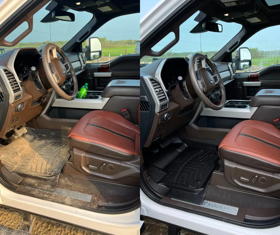 Ford truck interior before and after detailing — leather seats cleaned and conditioned and floors shampooed by After Hours Car Detailing