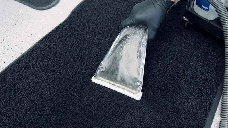 Hot-water extractor pulling embedded dirt out of black carpet during a three-step enzyme carpet extraction by After Hours Car Detailing