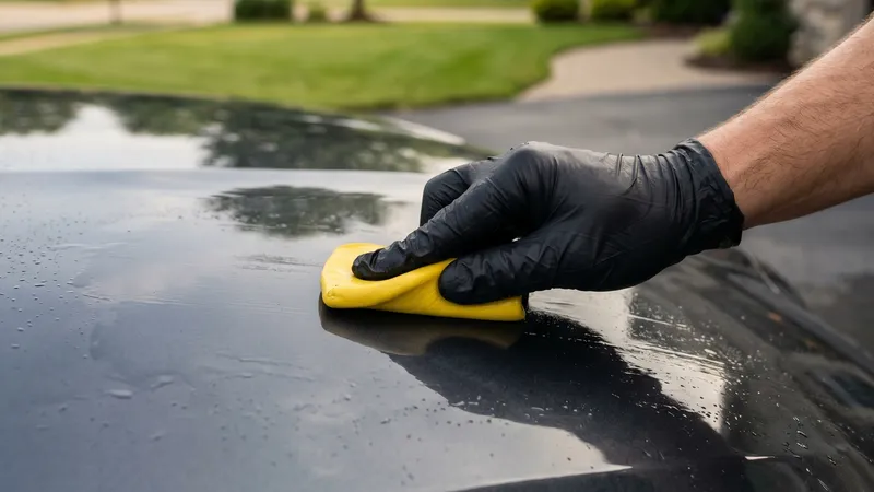 Clay bar gliding across lubricated dark paint during a clay bar decontamination