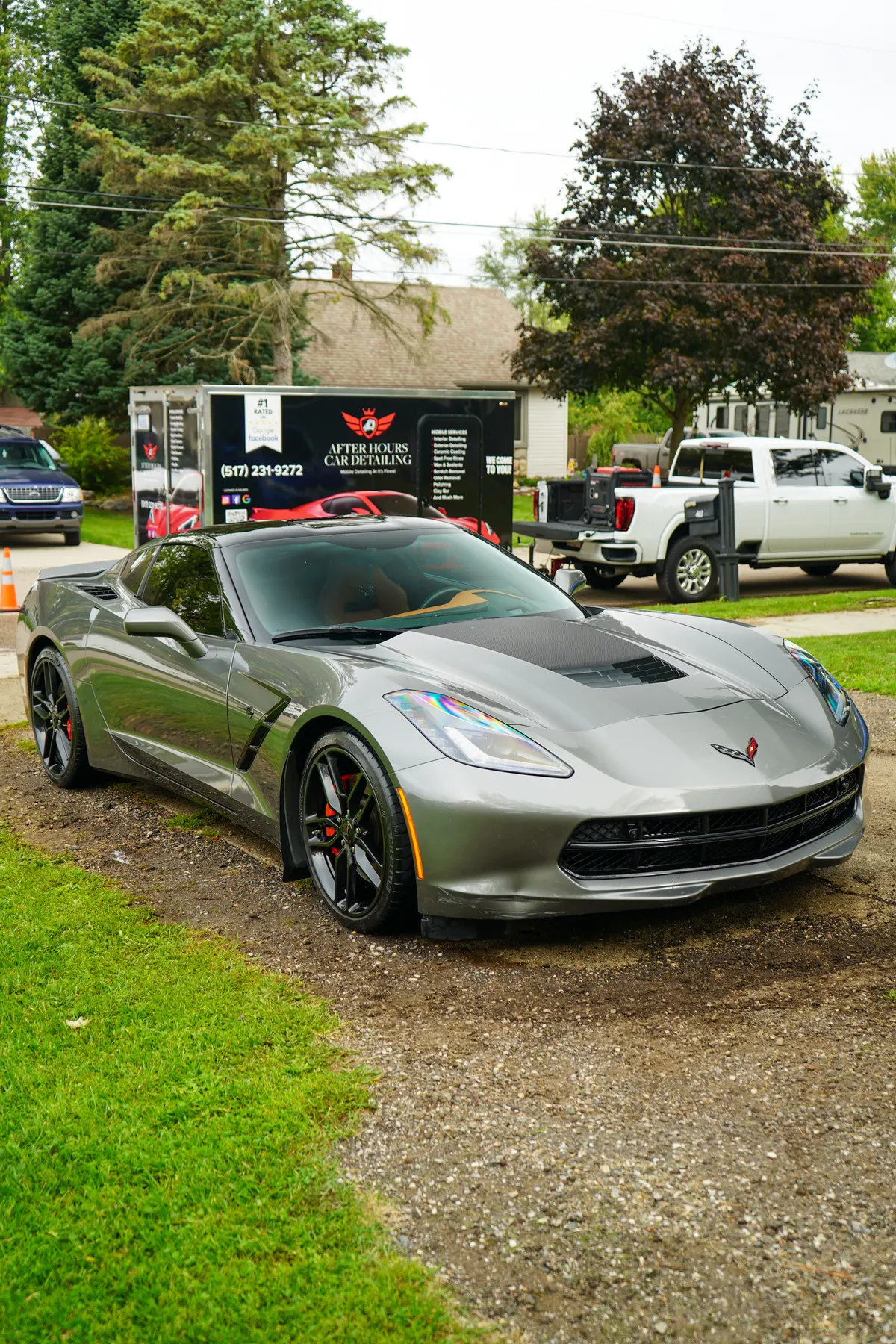 Gray Chevrolet Corvette C7 Stingray after a full interior, exterior, and engine bay detail by After Hours Car Detailing in Mid-Michigan