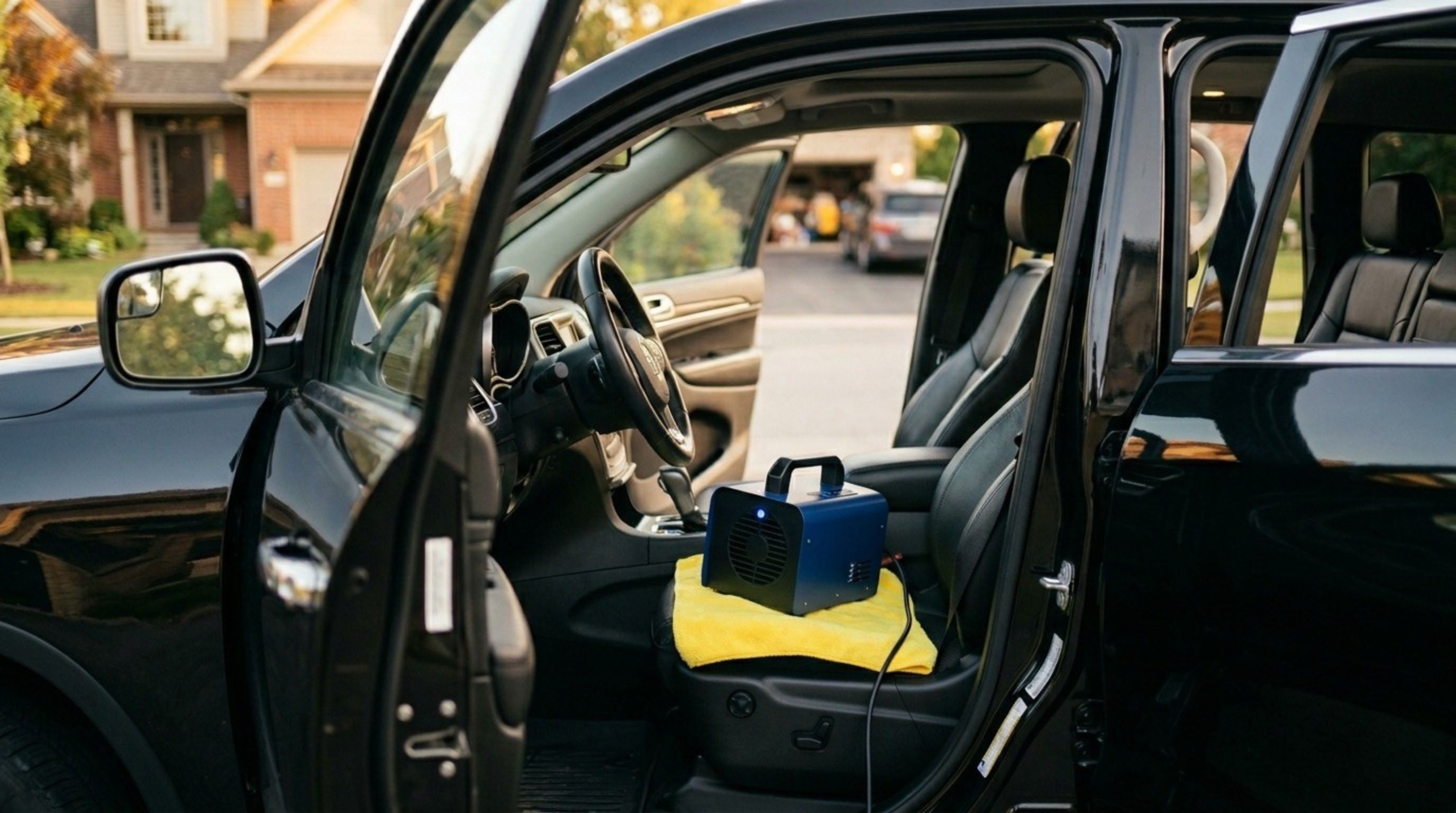 Portable ozone generator glowing on a microfiber on the front seat of a black SUV, doors open in a Mid-Michigan driveway — a 30-minute ozone treatment that breaks down cigarette smoke, pet, and spill odors at the molecular level.