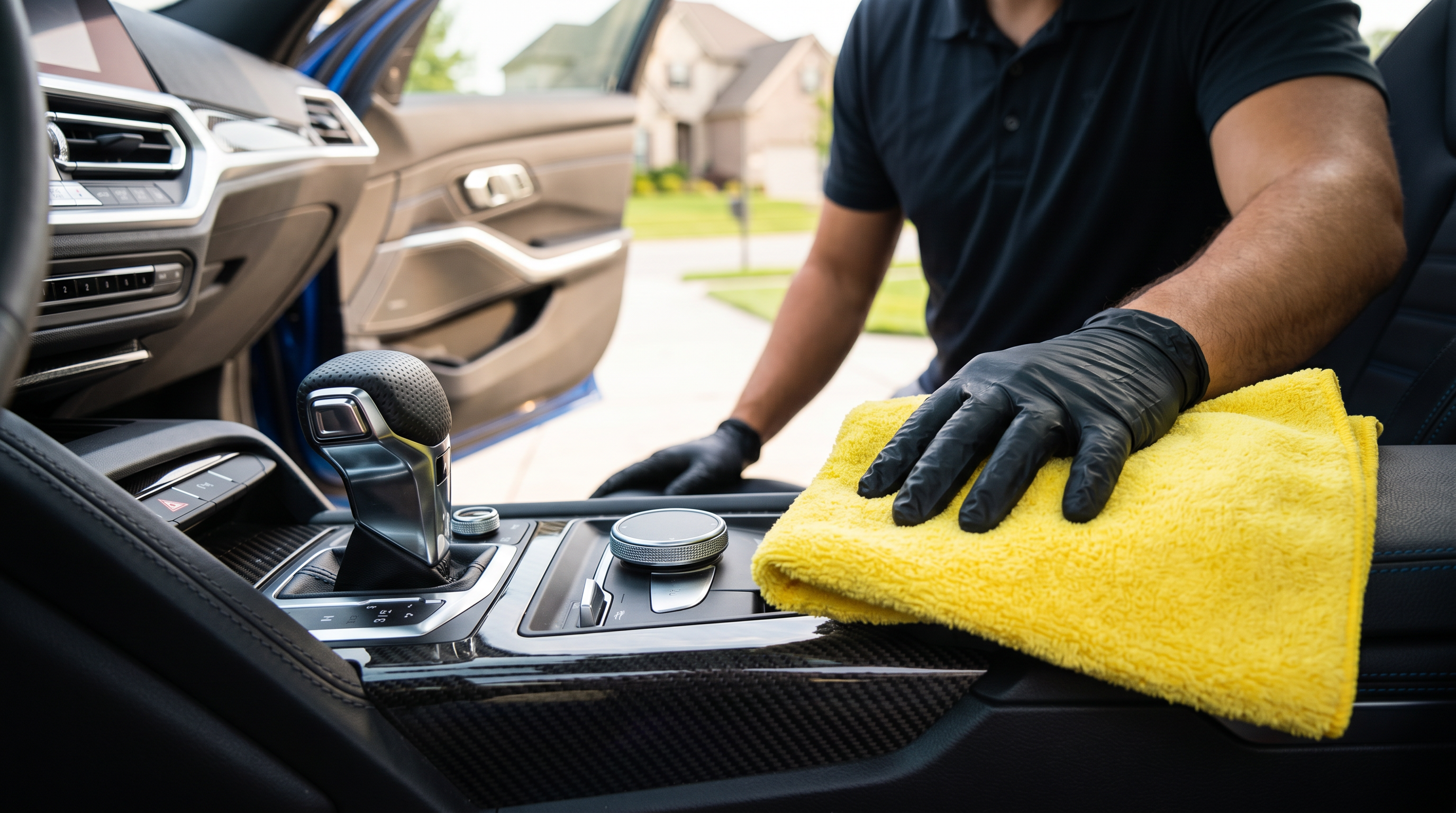 After Hours detailer in nitrile gloves hand-wiping a center console with a yellow microfiber, vehicle parked in a Mid-Michigan driveway. Hand-cleaning every surface — the baseline a $99 quick-wipe skips.