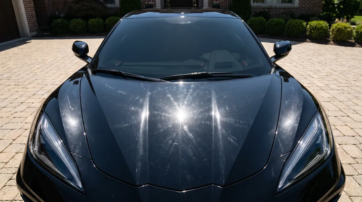 Heavy swirl marks and spider-webbing on a black Corvette hood in direct sunlight — the cobweb haze that paint correction removes
