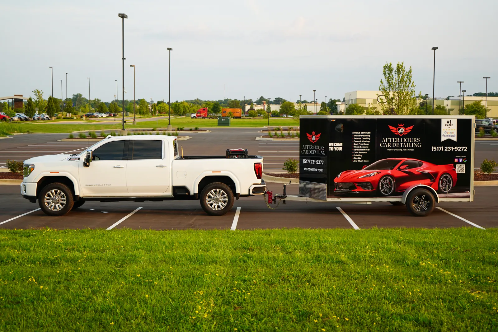 After Hours Car Detailing's fully self-contained mobile rig — truck and equipment trailer with its own water and power, set up at a customer's location